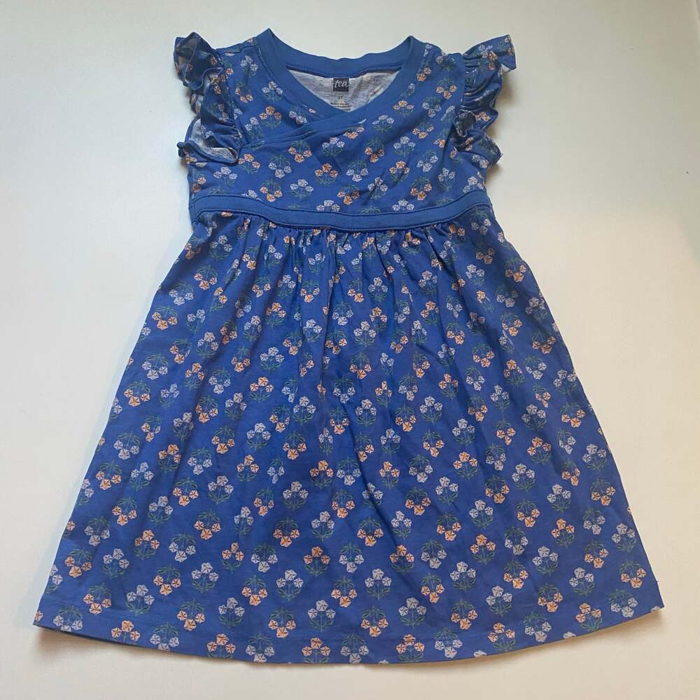 Tea Collection Blue Floral Ruffle Wrap Dress - Picture 1 of 2